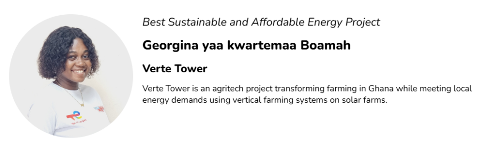 Verte Tower is an agritech project transforming farming in Ghana while meeting local energy demands using vertical farming systems on solar farms.